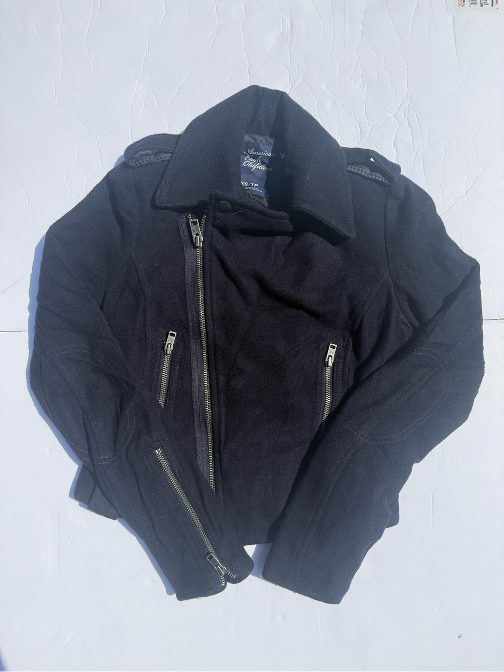 Navy Asymmetric Zip Moto Jacket